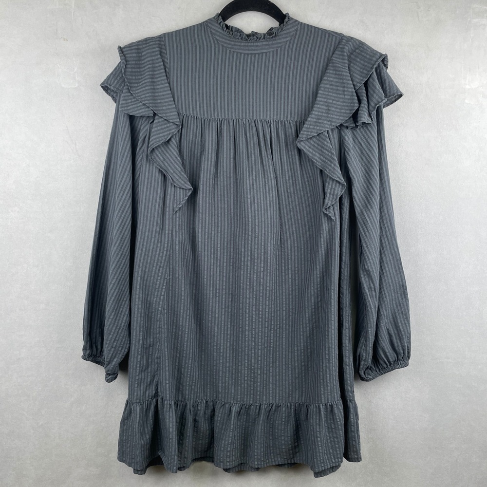 Wild Fable Grey Striped Ruffle High Neck Babydoll Victorian Prairie Mini Dress S